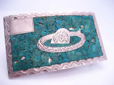 Vintage Taxco Mexico 925 Sterling Silver Engraved Turquoise Cowboy Belt Buckle • $125