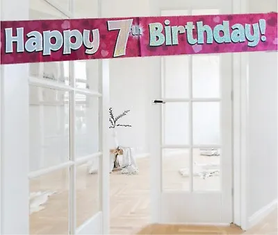 Pink Silver Themed Happy 7th Birthday 9ft Foil Door/wall Banner. 7th Decorations • £2.75