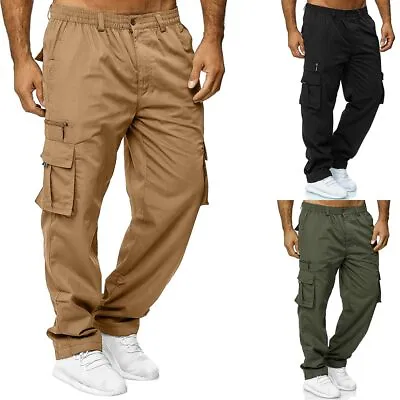 Mens Cargo Combat Pants Elasticated Waist Work Pockets Joggers Trousers Bottoms • $19.19