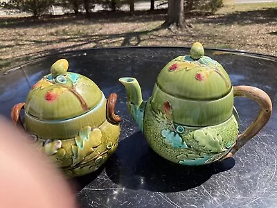 Antique French Majolica Teapot With Sugar Bowl Beautiful Colors • $65