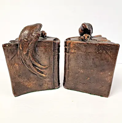 Vintage 2 Pc Bookends Parrot And Rose Books Bronzed K&O Kronheim & Oldenbusch • $59