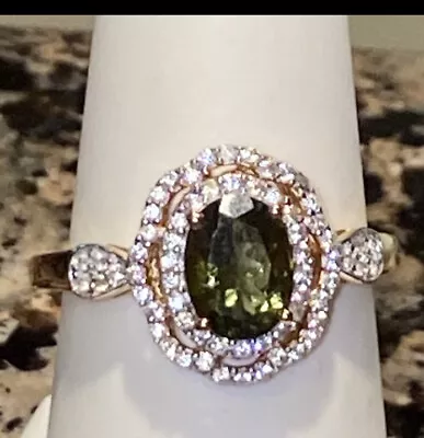 Moldavite+ Zircon Double Halo Ring 14k YG Vermeil / Silver AUTHENTIC BNWT Sz8 • $149.77