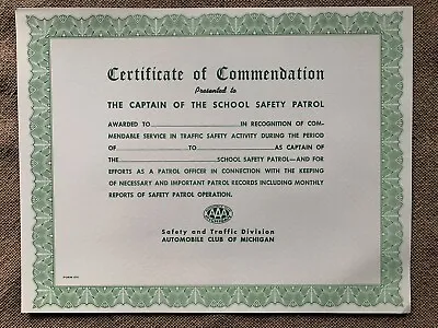 Vintage AAA Captain Of Safety Patrol Certificate Automobile Club Of Michigan • $3