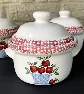 Vintage Pottery Red Spongeware Covered Casserole Apple Basket Design 1 Set • $7.99