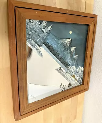 Oil Painting On Mirror Winter Scene Snow Mountains O. Clemons Wood Frame 14.5 • $29