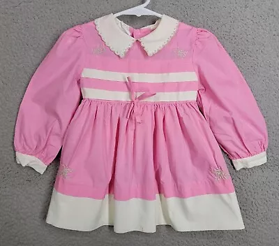 Vintage Toddler Dress 3T Pink Tie Back Embroidered Long Sleeve Kids Joveux • $12.50