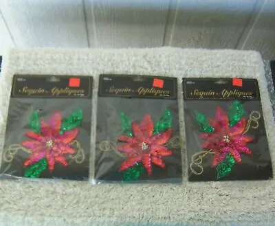 1 Vintage Wangs Int'l Christmas Poinsettia Sequin Beads Applique Patch 6.5  Wide • $10