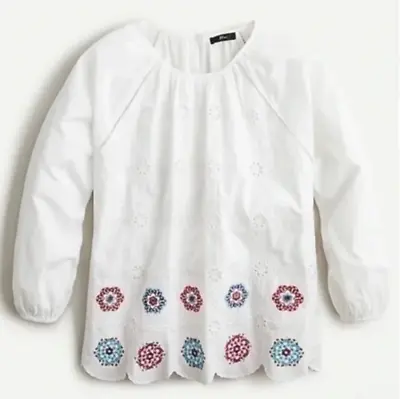 J. Crew Womens Small Embroidered Eyelet Blouse Cotton White Long Balloon Sleeve • $29.90