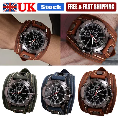 NEW Wide Leather Watch Cuff Band Brown Wrist Black Strap Punk Retro Quartz Mens • £11.39