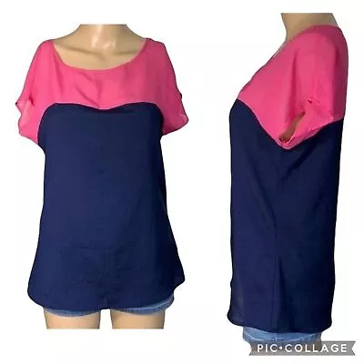 Hot Tempered Womens Blouse Top Shirt Colorblock Silky Pullover Pink Blue Medium • £12.52