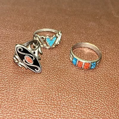 Lot Of 3 Vintage Southwest Stone Turquoise Inlay Sterling Silver Rings • $29.99