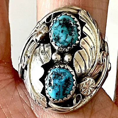 Navajo Natural Nugget Turquoise Mens Ring Sz 11 Leaf Feather Sterling Handmade • $76.95