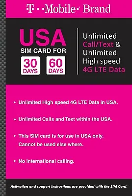T Mobile USA Prepaid SIM Card $50 Plan Unl. Call Text 50GB Data  • $65.95