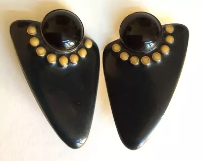 Moulin Rouge Signed Pierced Earrings Black Blue Enamel Art Deco Triangle Vintage • $9.98