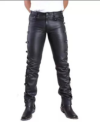Men's Genuine Leather Pants Biker Rider Jeans Motorcycle Motorbike Trouser Jeans • £89