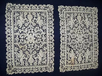 PAIR Of POINT DE VENISE Table Mats Needle Lace W Cherubs & Vases Of Flowers • $15.50