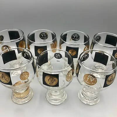 Vintage MCM CERA Black And Gold Coin Beer Glass Bar Glasses Set Of 7 • $54