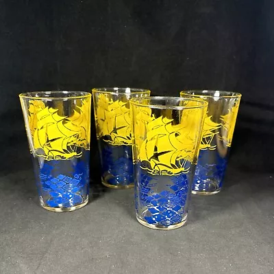 Set Of 4 Clipper Ship Juice Or Milk Glasses Nautical Tumblers 4.5  Yellow Blue • $19.95