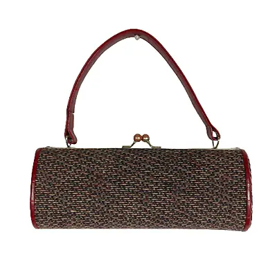 Purse Clutch Burgundy Leather Tweed Vintage Ball Clasp Hard Case Evening • $26.25