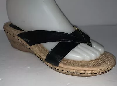 BOC Born Concepts Sandals Womens Sz 8 M/W Black Leather Thong Cork Wedge Shoes • $24.99