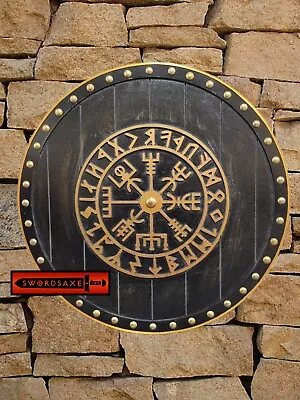 Viking Runes Helm Of Awe Aegishjalmur Norse Carved Wooden Round Shield Gold • $99.99