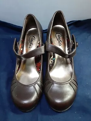 Candie's Brown Leather Dressy Round Toe High Heel Shoes Mary Janes Sz 6-6.5 • $34.99