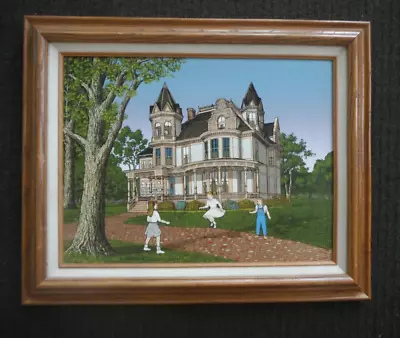 Signed H Hargrove Framed Serigraph Painting VICTORIAN HOUSE CHILDREN JUMP ROPE • $15