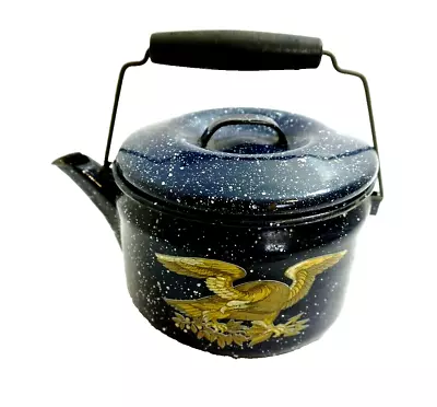 Vintage BLUE W/ White Specs Enamel Teapot Tea Kettle With Handle EAGEL On Front • $29.99