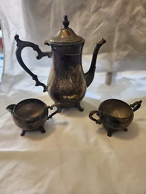 WM Rogers 800 Ornate Silver-Plated Hinged Lid Coffee/Tea Pot Cream And Sugar Set • $45