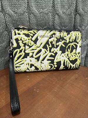 Michael Kors Jet Set Double Zip Wristlet Phone Wallet Black Neon Green Graffiti • $36.99