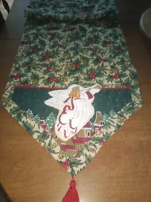 Vintage 80's Christmas Long Table Runner Holly Berry & Angel W/ Trumpet 72  X14  • $15