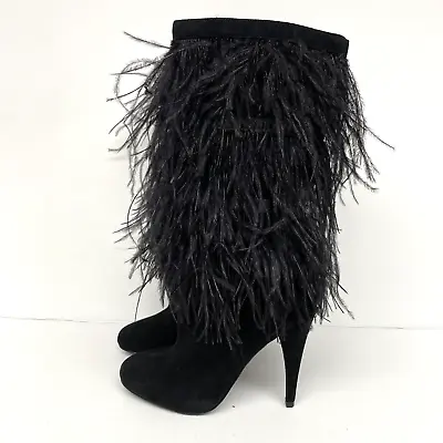 Michael Kors Black Asha Feather Embroidered Suede Boots Round Toe Womens 5 • $66