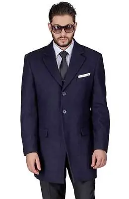 Navy Blue Top Overcoat Slim Fit Men's Wool Blend Single Breast Notch Lapel AZAR  • $39.99