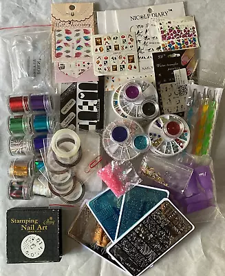 Huge Nail Art Lot 60pc Plus Supplies Stamper  Glitters Rhinestones Charms More • $39.95