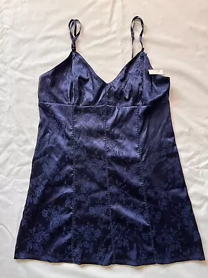 Vtg 90s Victoria's Secret Ribbon Back Navy Blue Brocade Satin Slip Dress M New • $98.50