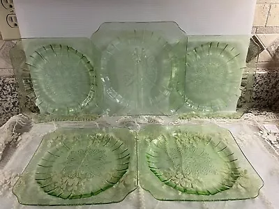 Vintage Jeanette Adam Green Uranium Depression Glass 7 5/8” Square Plates (5) • $68