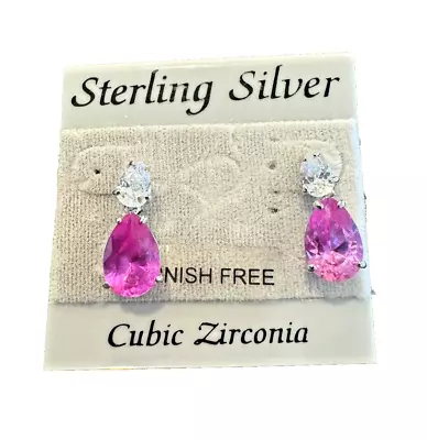 925 Sterling Silver Dangle Earrings Pear Shape Cubic Zirconia Pink & Clear • $15