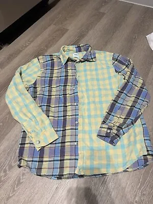 Zara Shirt Mens Medium Plaid Flannel Patched Button Up Long Sleeves Blue Yellow • $16.75