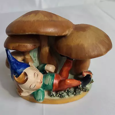 Vtg Sleeping Elf Pixie Gnome Ceramic Planter Hand Painted Mushrooms Toadstools • $21.24
