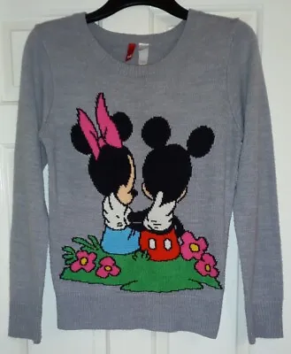 Lovely H&m Divided Disney Mickey Mouse & Minnie Mouse Grey Ladies Jumper Size 14 • £12