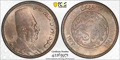 Egypt  Silver 10 Piastres King Fuad 1923 Pcgs Ms 63 ( No H )  Rare12 • $1999.99