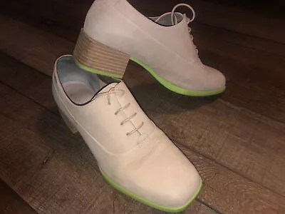 Camper Oxford Lace Up Womens 7.5 US 38 EU Wooden Heel Shoes Cream Neon Green • £21.69