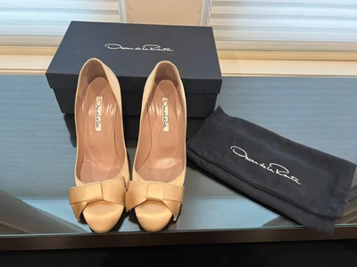 £148.39 • Buy OSCAR DE LA RENTA Shoes Women High Heels Bow Taupe Size 6.5 M Dust Ruffle