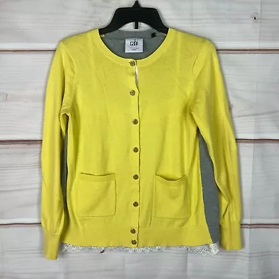 CAbi Sweater Women M Yellow Gray Belle Cardigan Layered Lace Pockets Long Sleeve • $24.99