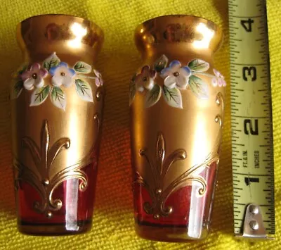 MOSER Bohemian Pair Cranberry Glass Heavy Gold Miniature Vases  • $39.95