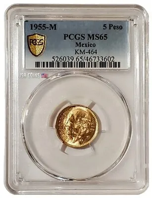 1955-Mo 4.17 Grams GOLD Mexican 5 PESOS KM-464 PCGS MS65 Gold Shield Coin. • $539.95