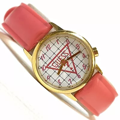 Vintage 1991 Guess Retro Logo Dial Women's Gold Watch Pink Plastic Band • $21.95