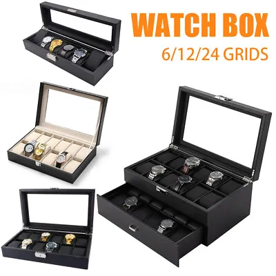 6/12/24 Grids Wooden Watch Box Jewelry Display Case Storage Holder OrganizerGift • $52.99