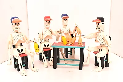 Mexican Folk Art Oaxaca Wood Carved Skeletons Drinking Statue Figure Day Dead • $282.75