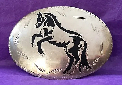 Vintage Hand Made Stallion Horse Nickel Silver Black Enamel Western Belt Buckle • $29.95